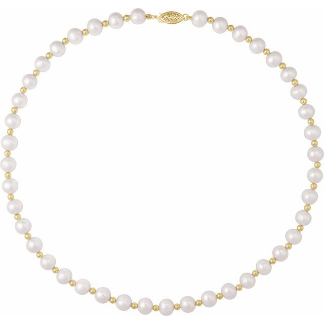 14K Yellow Cultured White Freshwater Pearl Necklace